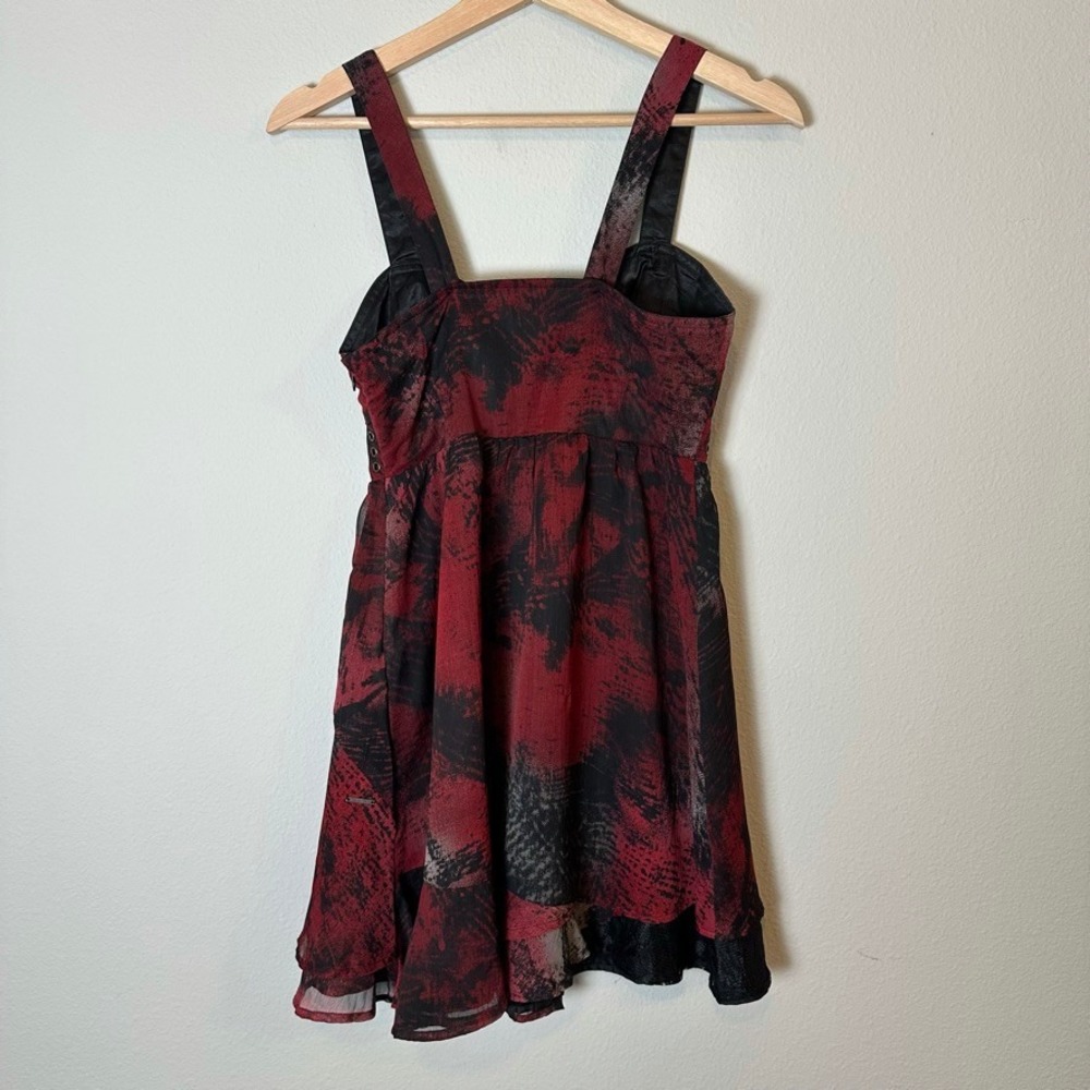 Vintage Y2K Red Black Abstract Print Whimsygoth Mini Dress Grunge Lace Sz 1 XS - Picture 4 of 10